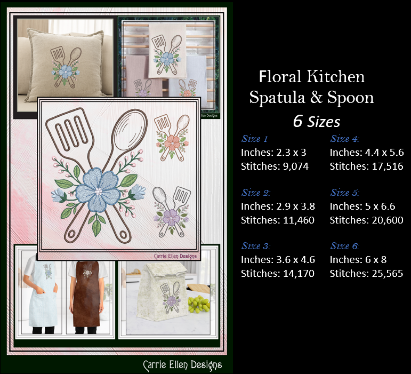 Floral kitchen-themed embroidery design with spatula, spoon, and flower on a black background with product details.