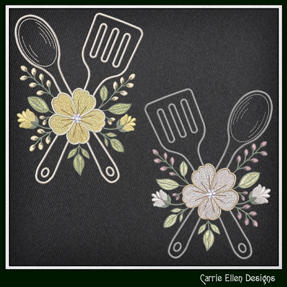 Decorative design of Decorative design of Floral Kitchen Spatula and Spoon Machine Embroidery Design features a beautifully styled crossed spatula and spoon, accented with soft floral details