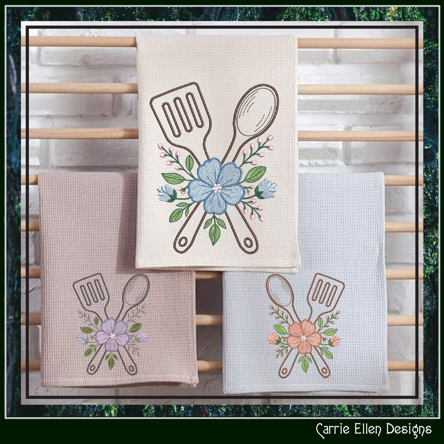 Kitchen towels with Decorative design of Floral Kitchen Spatula and Spoon Machine Embroidery Design features a beautifully styled crossed spatula and spoon, accented with soft floral details on a wooden rack.