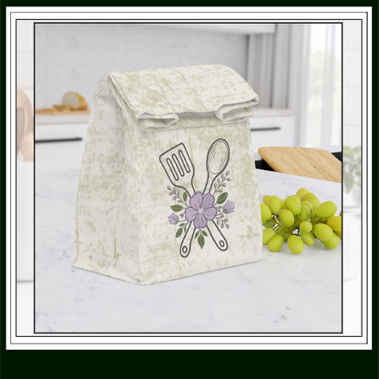 Reusable insulated lunch bag with floral design and utensils on a kitchen counter