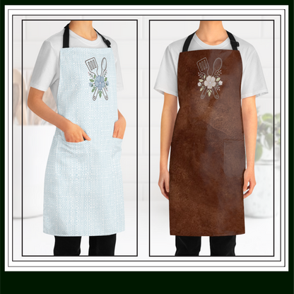 Kitchen aprons with Decorative design of Floral Kitchen Spatula and Spoon Machine Embroidery Design features a beautifully styled crossed spatula and spoon, accented with soft floral details