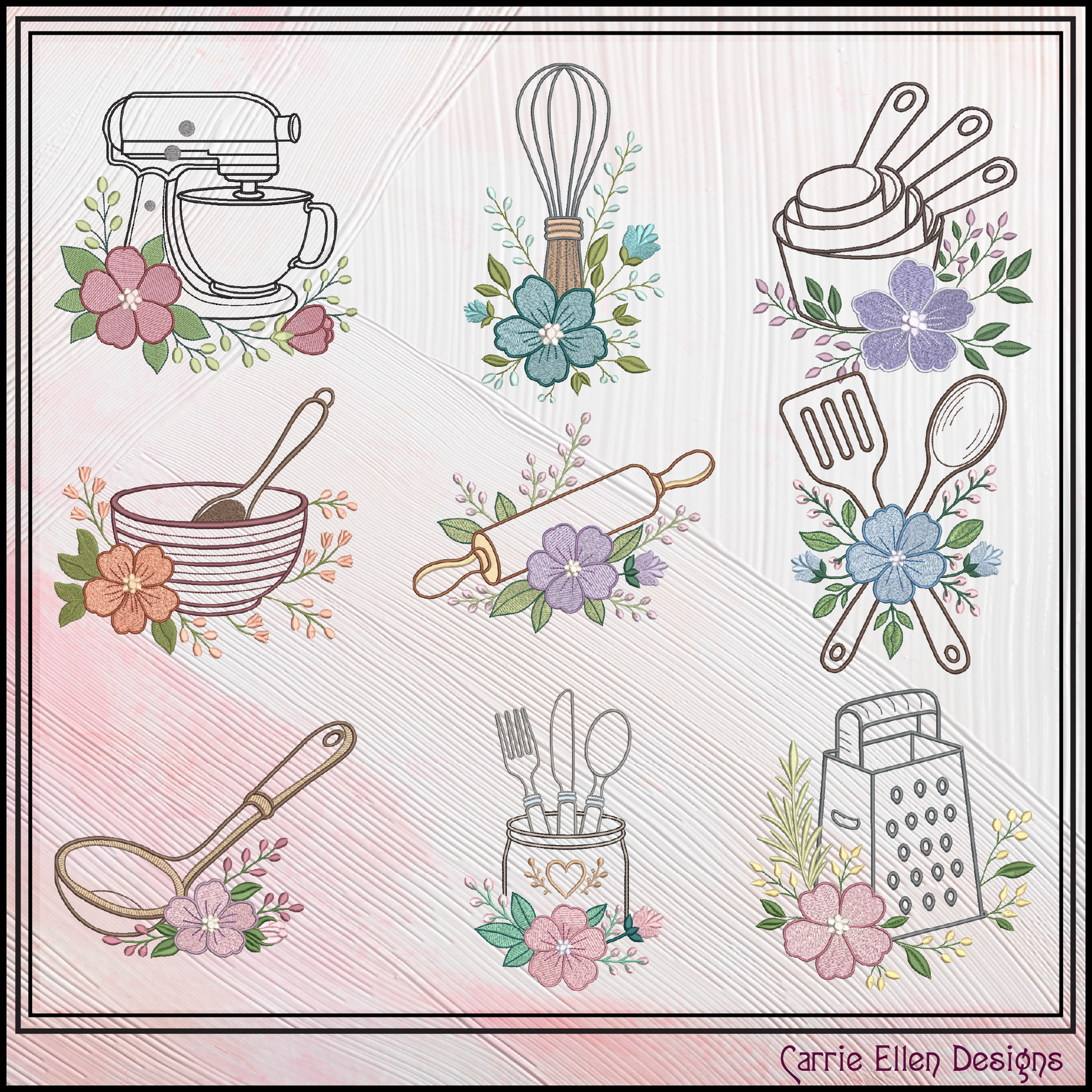 Set of kitchen utensils and flowers on a decorative background with 'Carrie Ellen Designs' branding.
