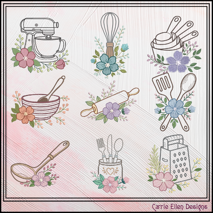 Set of kitchen utensils and flowers on a decorative background with 'Carrie Ellen Designs' branding.
