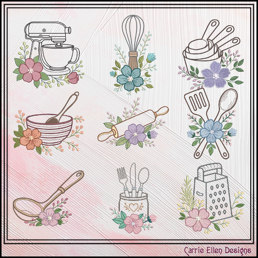 Set of kitchen utensils and flowers on a decorative background with 'Carrie Ellen Designs' branding.