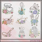 Set of kitchen utensils and flowers on a decorative background with 'Carrie Ellen Designs' branding.