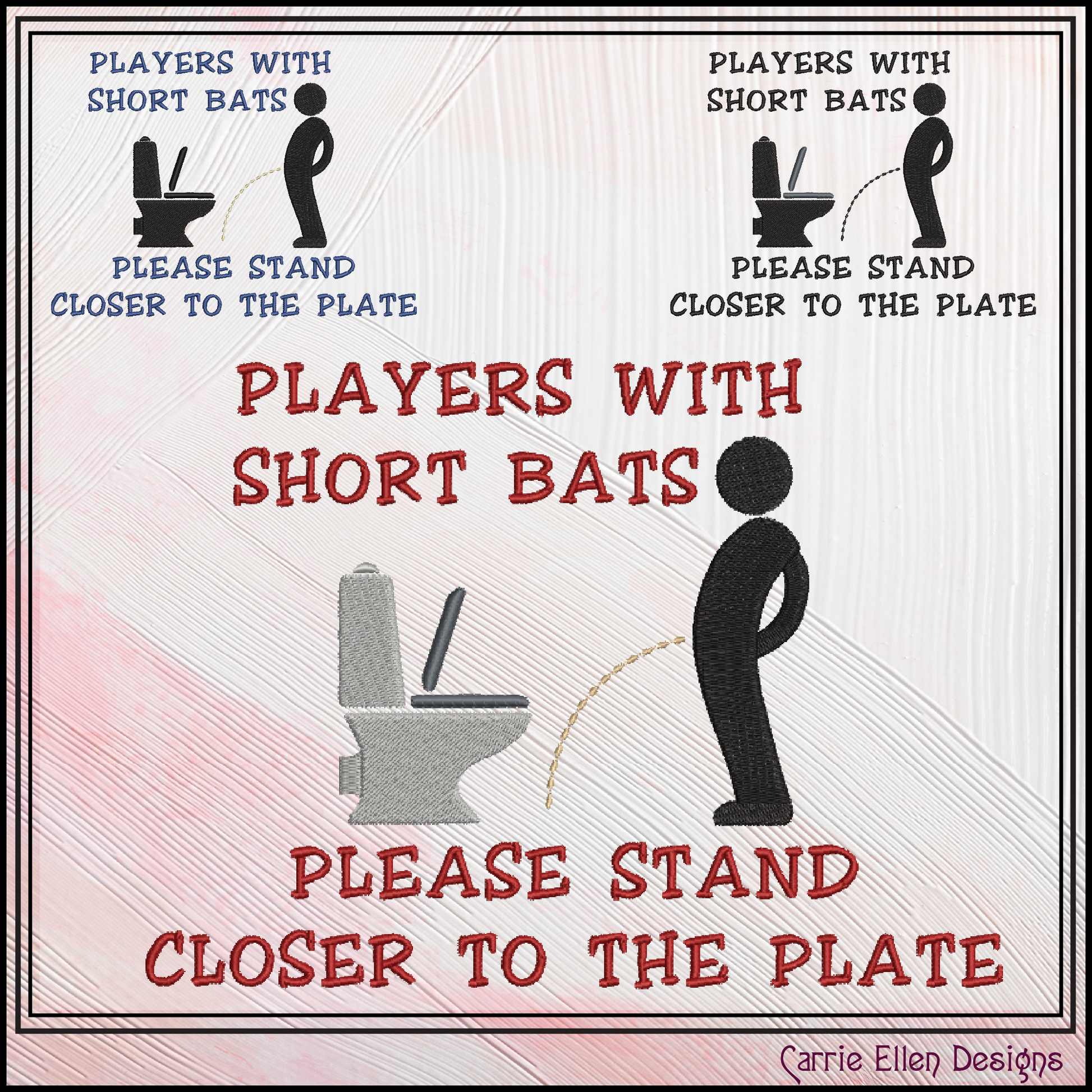 Humorous sign with stick figures and text about standing closer to the plate for players with short bats.