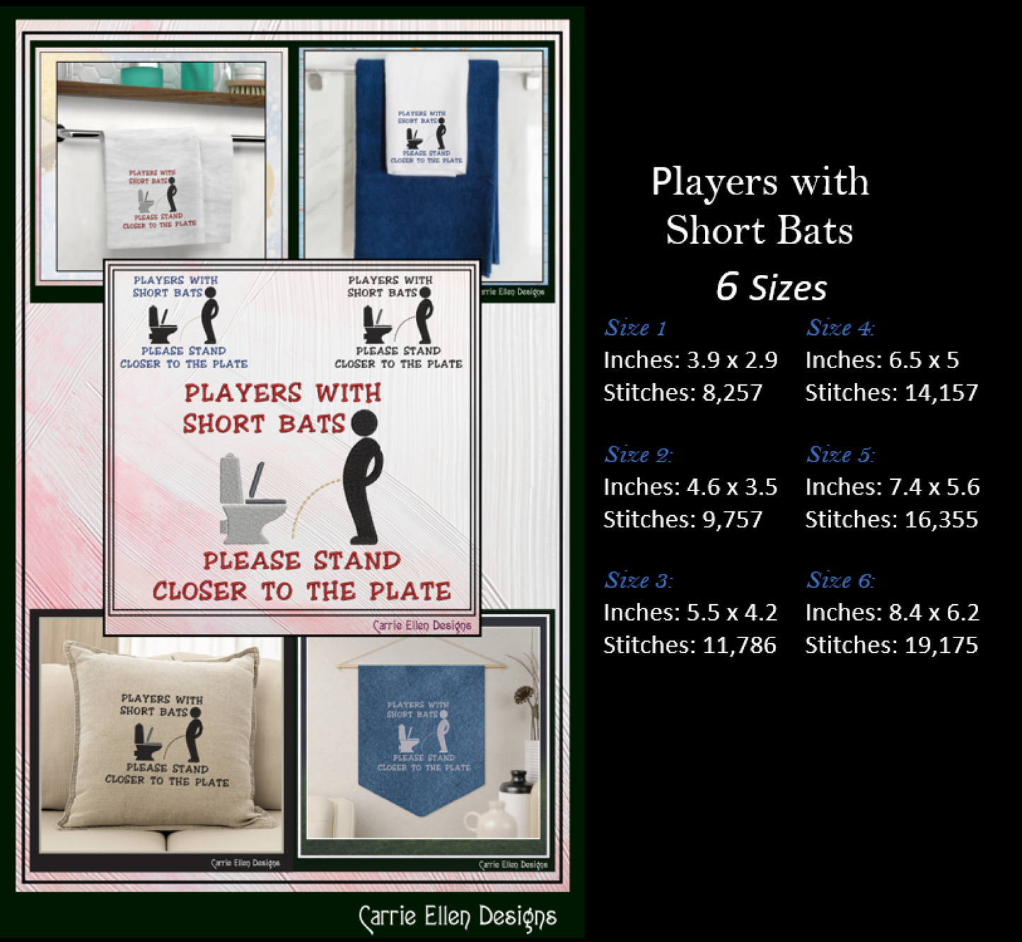 Collage of signs and products with text 'Players with Short Bats' by Carrie Ellen Designs, including sizes and stitch counts.