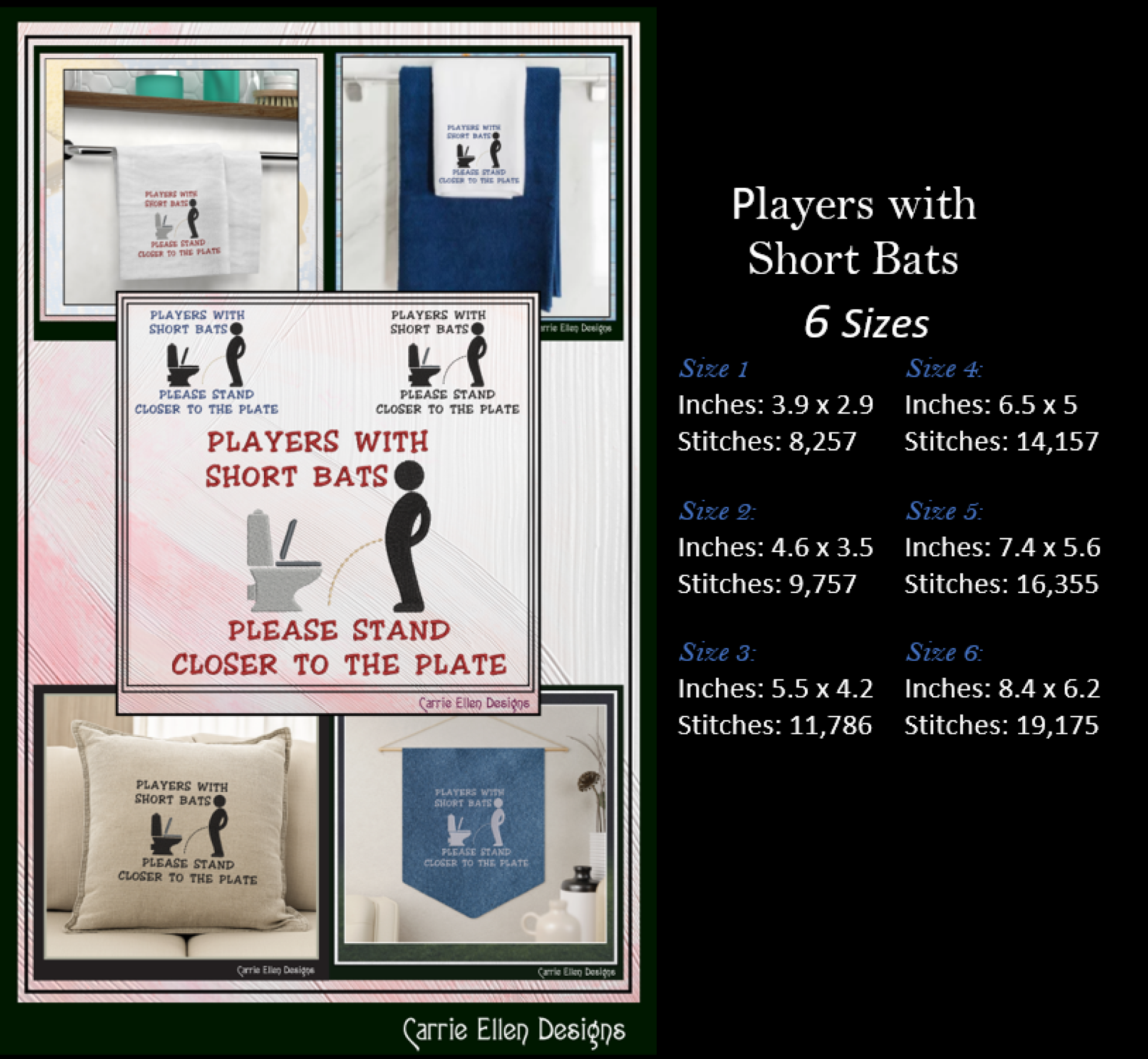 Collage of signs and products with text 'Players with Short Bats' by Carrie Ellen Designs, including sizes and stitch counts.