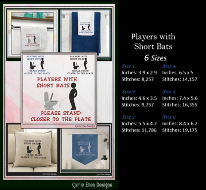 Collage of signs and products with text 'Players with Short Bats' by Carrie Ellen Designs, including sizes and stitch counts.