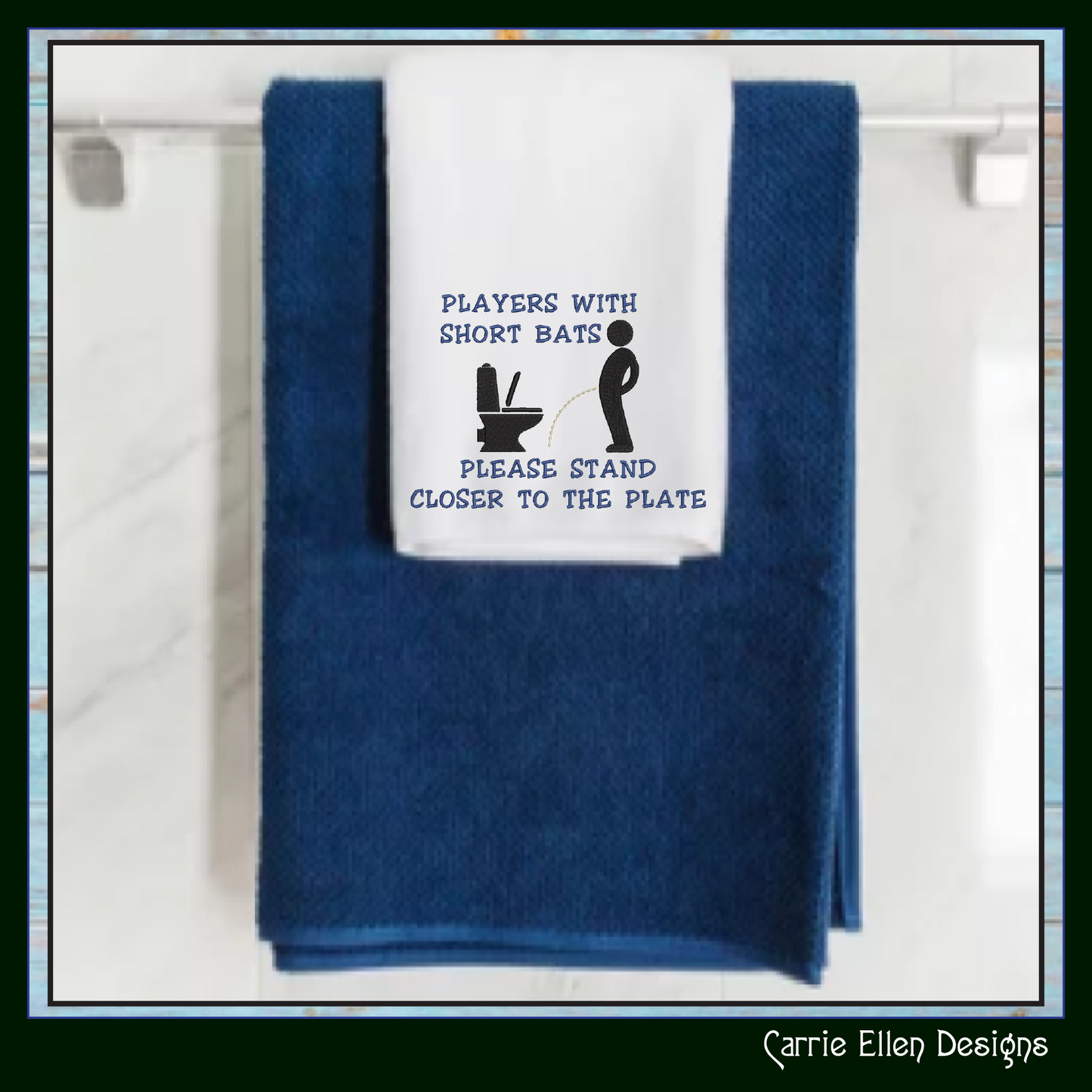 Funny bathroom machine embroidery design featuring the quote "Players With Short Bats Please Stand Closer To The Plate." Perfect for guest bathrooms, novelty gifts, and restroom décor.

Funny bathroom machine embroidery design featuring a toilet humor quote with restroom-themed artwork and snarky adult humor.