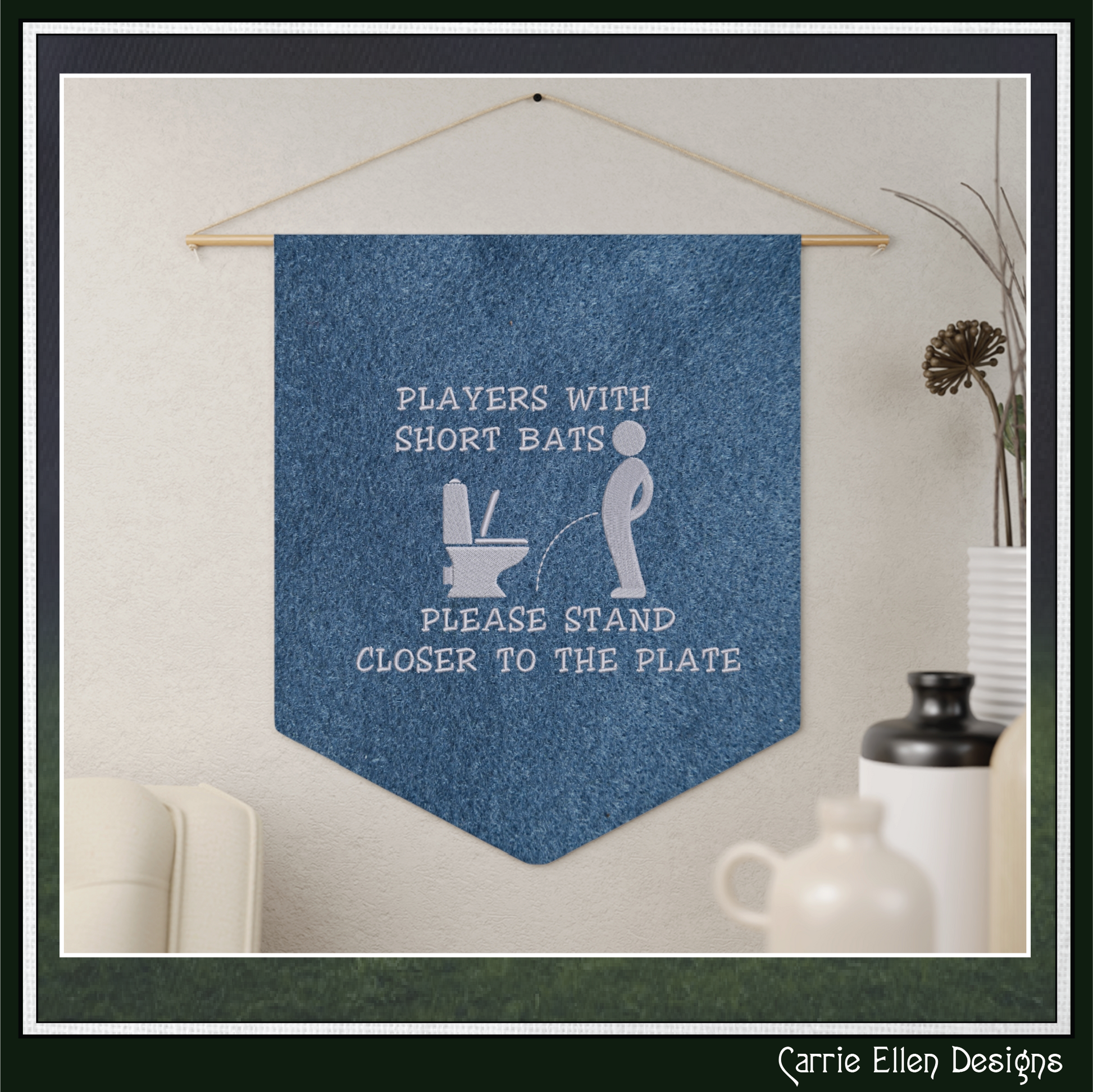 Funny bathroom machine embroidery design featuring the quote "Players With Short Bats Please Stand Closer To The Plate." Perfect for guest bathrooms, novelty gifts, and restroom décor.

Funny bathroom machine embroidery design featuring a toilet humor quote with restroom-themed artwork and snarky adult humor.