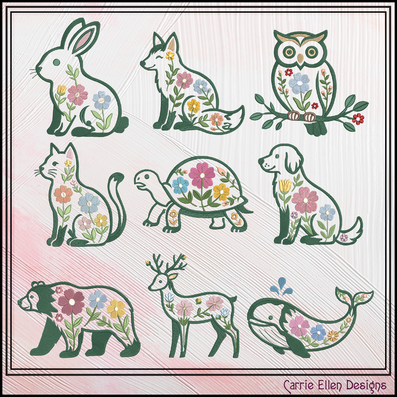 Set of animal illustrations with floral patterns on a light pink background, featuring designs by Carrie Ellen Designs.
