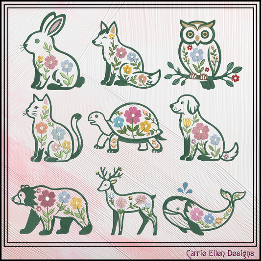 Set of animal illustrations with floral patterns on a light pink background, featuring designs by Carrie Ellen Designs.
