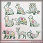 Set of animal illustrations with floral patterns on a light pink background, featuring designs by Carrie Ellen Designs.