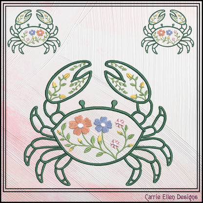 Floral Crab Machine Embroidery Design | Botanical Crab Coastal Sea Life Nautical Floral Digital Download, 6 Sizes, (4130)