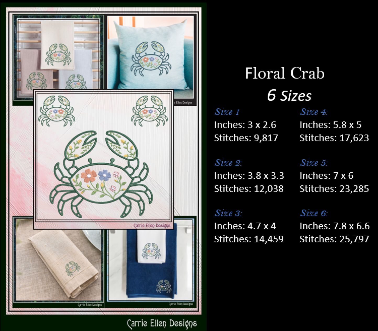 Floral Crab Machine Embroidery Design | Botanical Crab Coastal Sea Life Nautical Floral Digital Download, 6 Sizes, (4130)