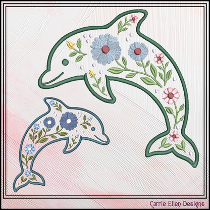 Floral Dolphin Machine Embroidery Design | Ocean Sea Life Coastal Floral Digital Download, 6 Sizes, (4131)