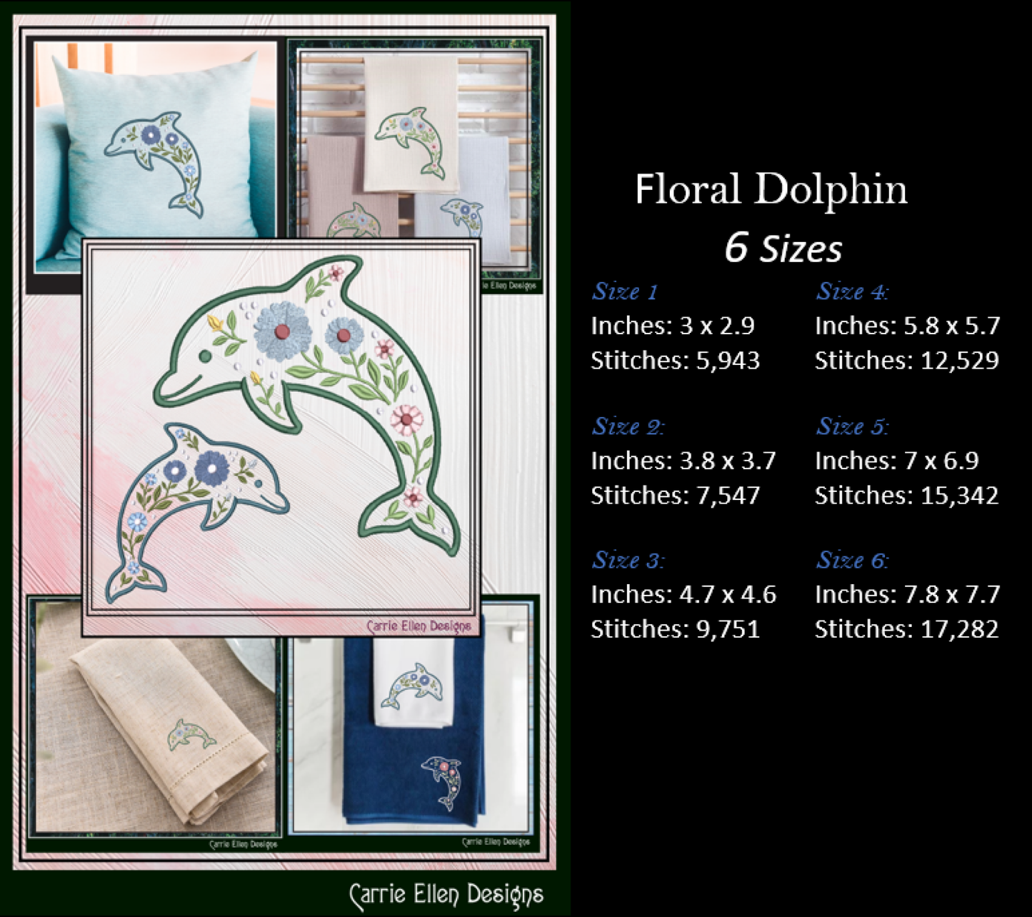 Floral Dolphin Machine Embroidery Design | Ocean Sea Life Coastal Floral Digital Download, 6 Sizes, (4131)
