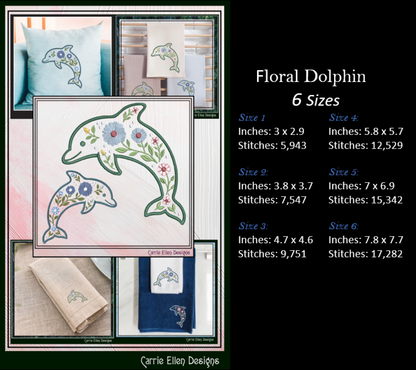 Floral Dolphin Machine Embroidery Design | Ocean Sea Life Coastal Floral Digital Download, 6 Sizes, (4131)