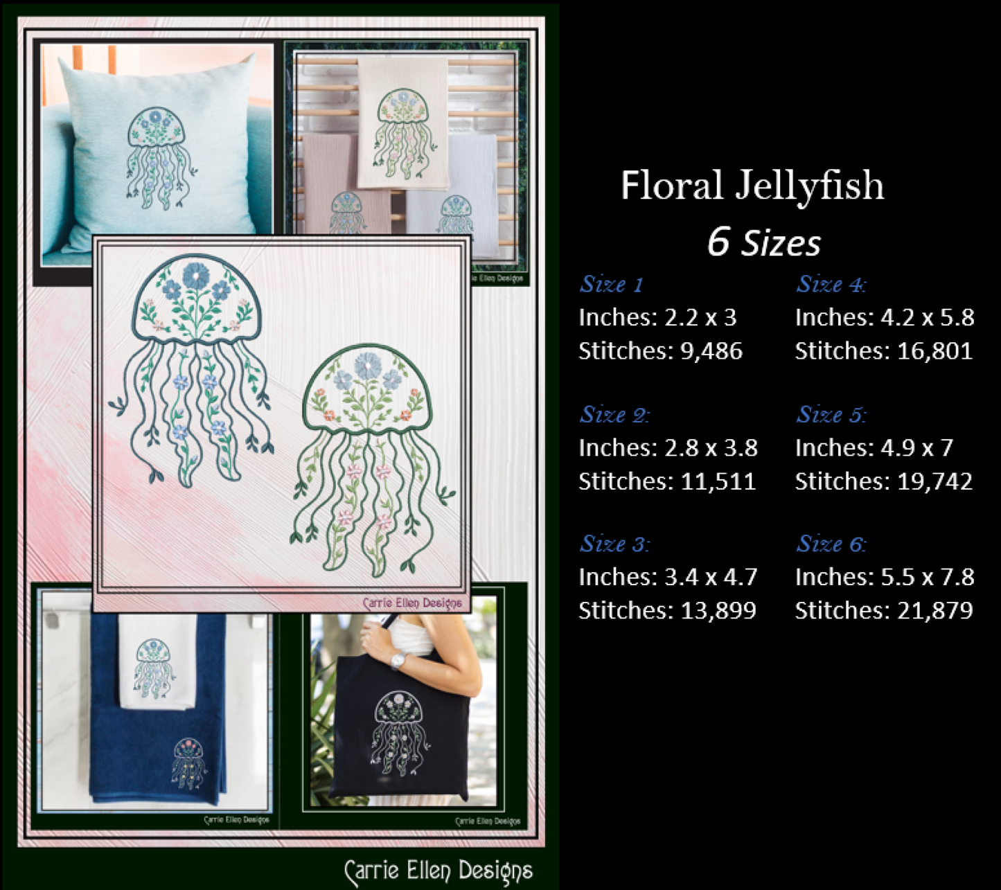 Floral Jellyfish Machine Embroidery Design | Botanical Jellyfish Stitch File | Ocean Sea Life Coastal Floral Digital Download, 6 Sizes, (4132)