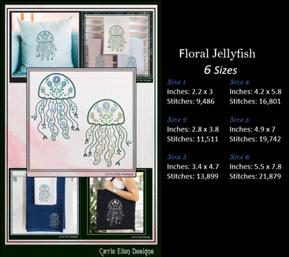 Floral Jellyfish Machine Embroidery Design | Botanical Jellyfish Stitch File | Ocean Sea Life Coastal Floral Digital Download, 6 Sizes, (4132)