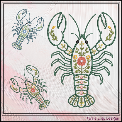 Floral Lobster Machine Embroidery Design | Coastal Sea Life Embroidery Pattern | Nautical Floral Digital Download, 6 Sizes, (4133)
