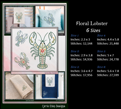 Floral Lobster Machine Embroidery Design | Coastal Sea Life Embroidery Pattern | Nautical Floral Digital Download, 6 Sizes, (4133)