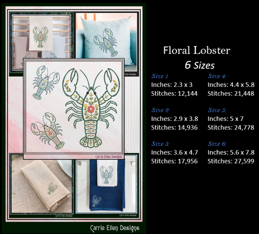 Floral Lobster Machine Embroidery Design | Coastal Sea Life Embroidery Pattern | Nautical Floral Digital Download, 6 Sizes, (4133)