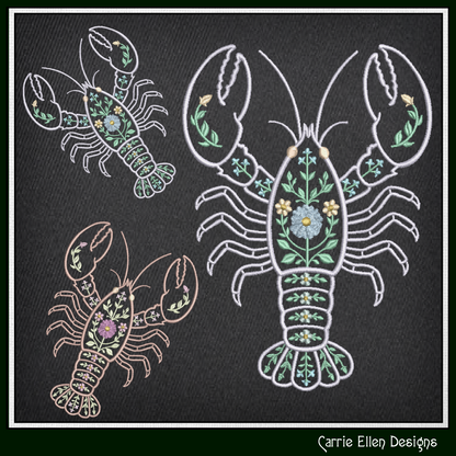 Floral Lobster Machine Embroidery Design | Coastal Sea Life Embroidery Pattern | Nautical Floral Digital Download, 6 Sizes, (4133)