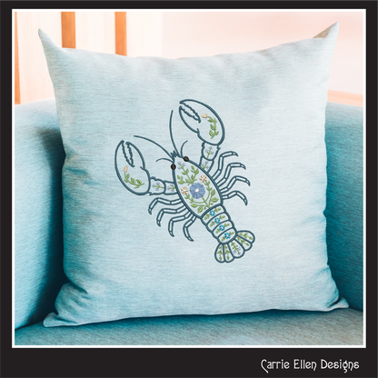 Floral Lobster Machine Embroidery Design | Coastal Sea Life Embroidery Pattern | Nautical Floral Digital Download, 6 Sizes, (4133)