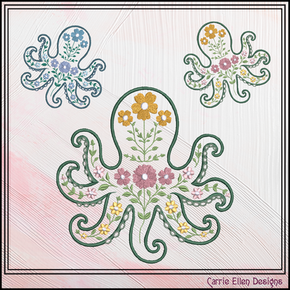 Floral Octopus Machine Embroidery Design | Botanical Octopus Stitch File | Ocean Sea Life Embroidery Pattern, 6 Sizes, (4134)