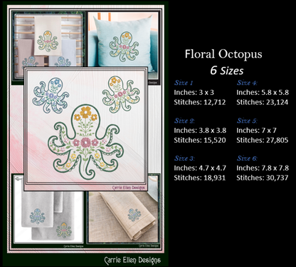 Floral Marine Life Machine Embroidery Design Bundle | Ocean Animal Embroidery Collection, 12 Designs, 6 Sizes, (4142)