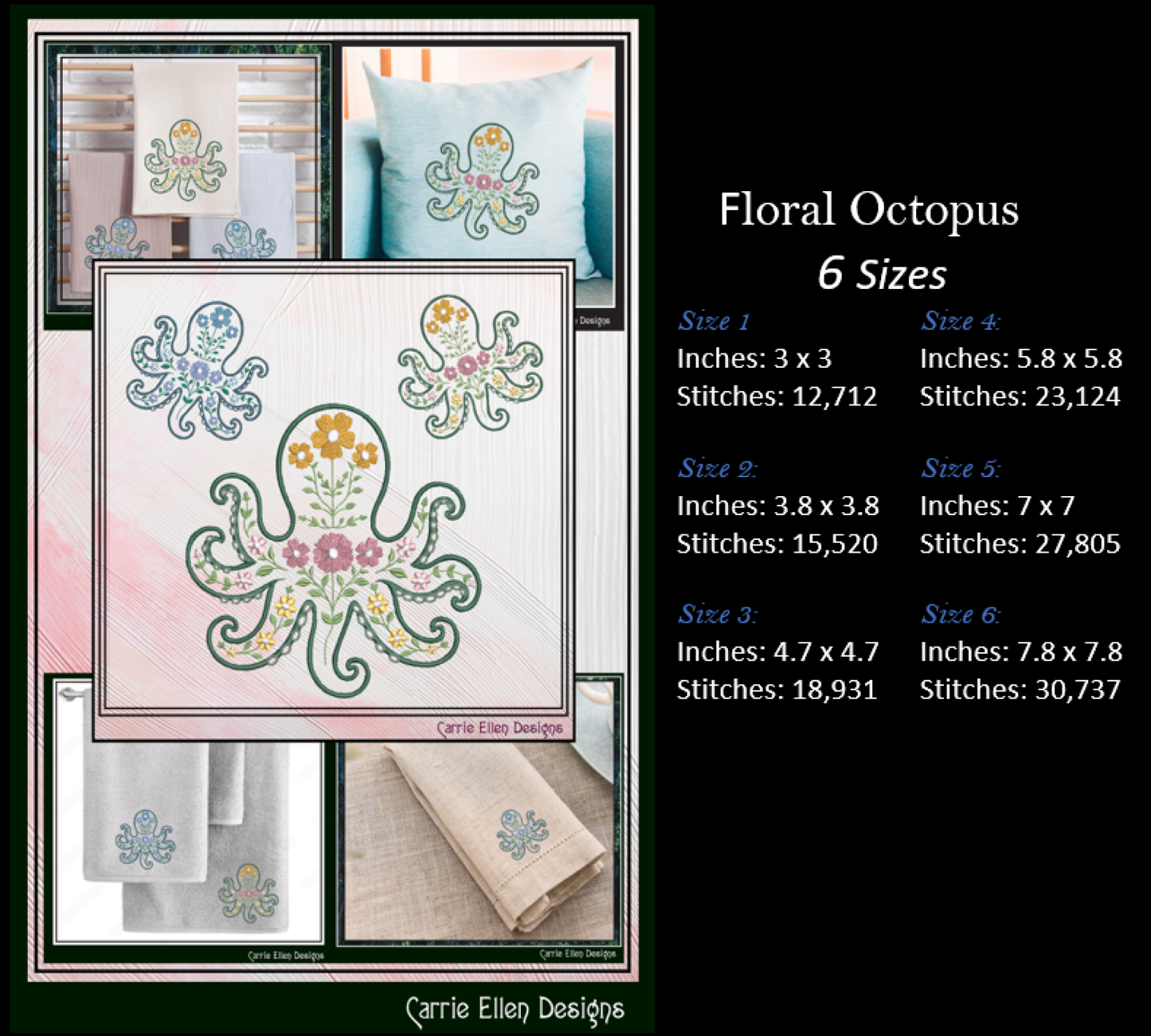 Floral Octopus Machine Embroidery Design | Botanical Octopus Stitch File | Ocean Sea Life Embroidery Pattern, 6 Sizes, (4134)