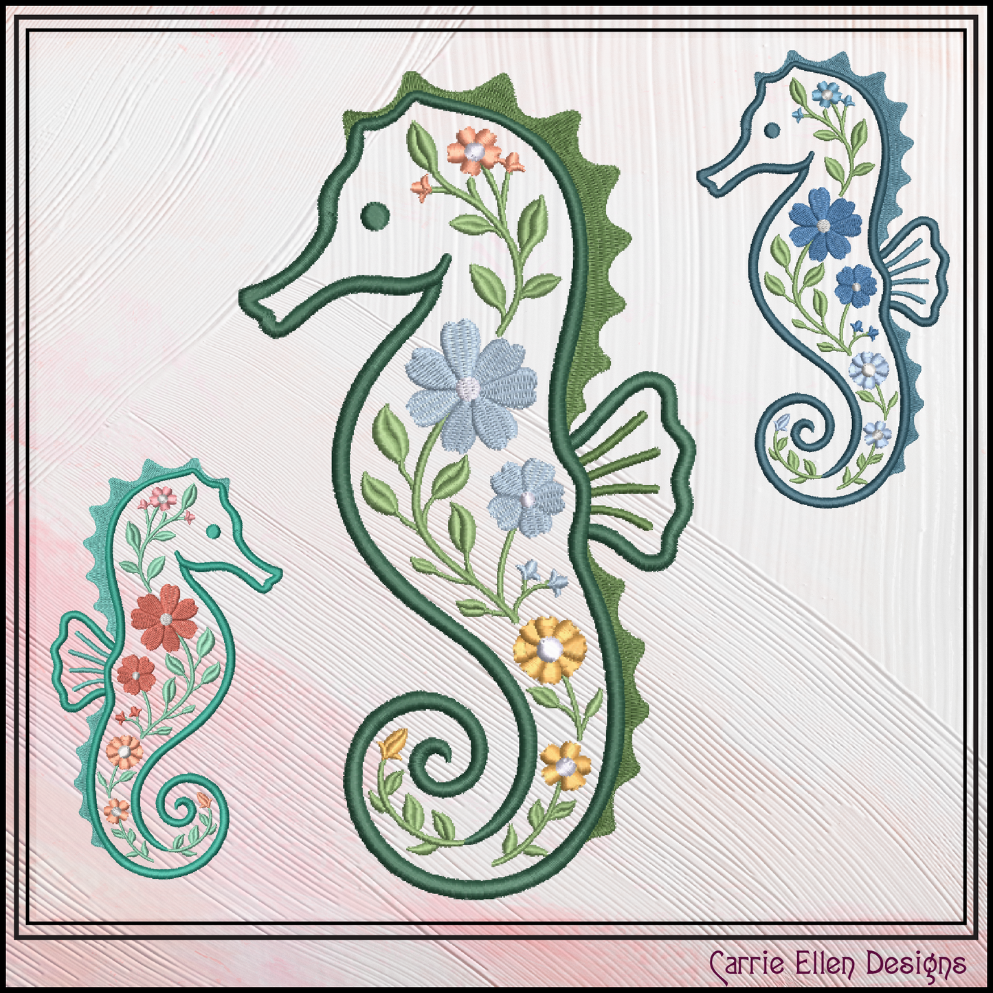 Floral Seahorse Machine Embroidery Design | Botanical Seahorse Stitch File | Coastal Ocean Animal Embroidery Pattern, 6 Sizes, (4135)