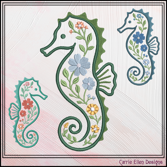 Floral Seahorse Machine Embroidery Design | Botanical Seahorse Stitch File | Coastal Ocean Animal Embroidery Pattern, 6 Sizes, (4135)
