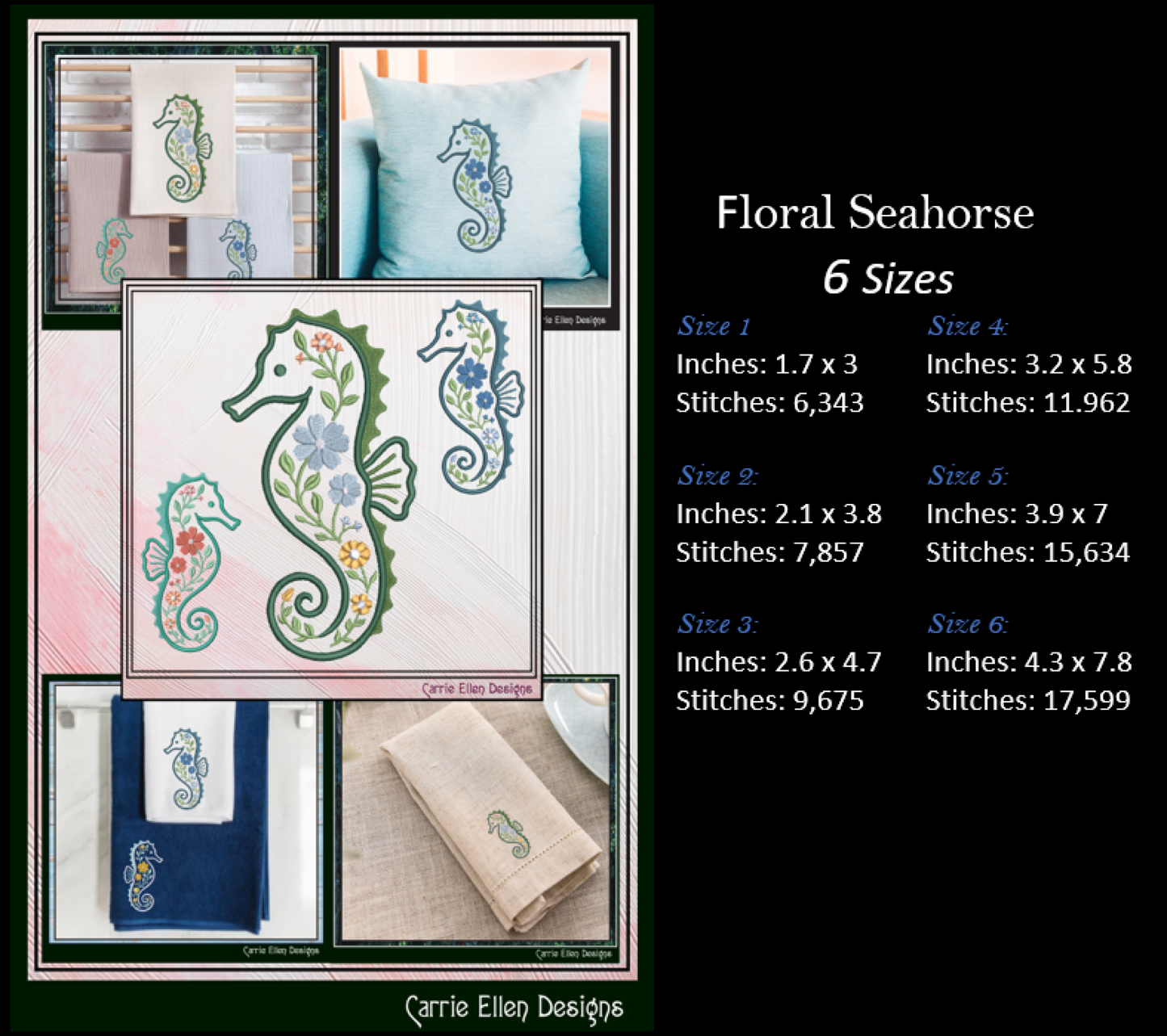 Floral Seahorse Machine Embroidery Design | Botanical Seahorse Stitch File | Coastal Ocean Animal Embroidery Pattern, 6 Sizes, (4135)