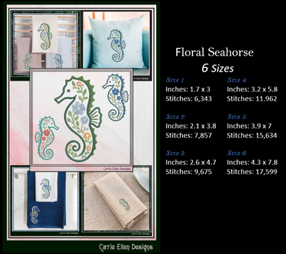 Floral Seahorse Machine Embroidery Design | Botanical Seahorse Stitch File | Coastal Ocean Animal Embroidery Pattern, 6 Sizes, (4135)