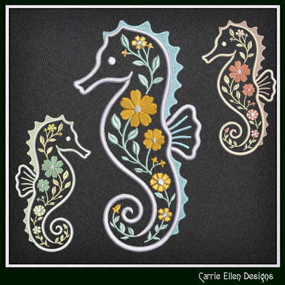 Floral Seahorse Machine Embroidery Design | Botanical Seahorse Stitch File | Coastal Ocean Animal Embroidery Pattern, 6 Sizes, (4135)