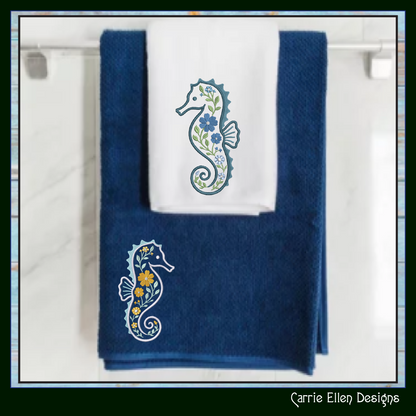 Floral Seahorse Machine Embroidery Design | Botanical Seahorse Stitch File | Coastal Ocean Animal Embroidery Pattern, 6 Sizes, (4135)