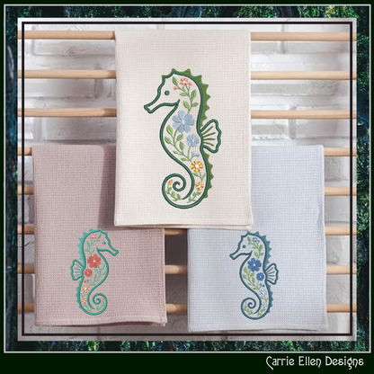 Floral Seahorse Machine Embroidery Design | Botanical Seahorse Stitch File | Coastal Ocean Animal Embroidery Pattern, 6 Sizes, (4135)