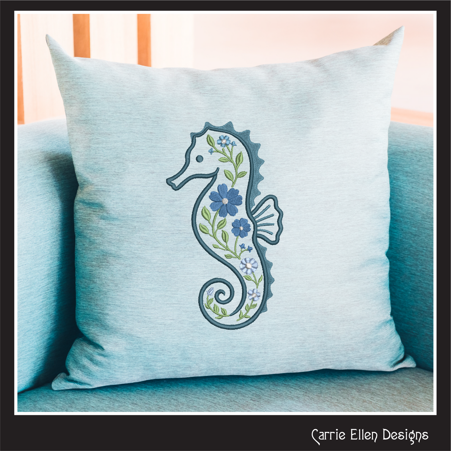 Floral Seahorse Machine Embroidery Design | Botanical Seahorse Stitch File | Coastal Ocean Animal Embroidery Pattern, 6 Sizes, (4135)