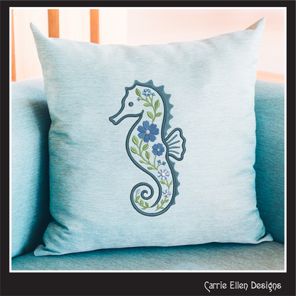 Floral Seahorse Machine Embroidery Design | Botanical Seahorse Stitch File | Coastal Ocean Animal Embroidery Pattern, 6 Sizes, (4135)