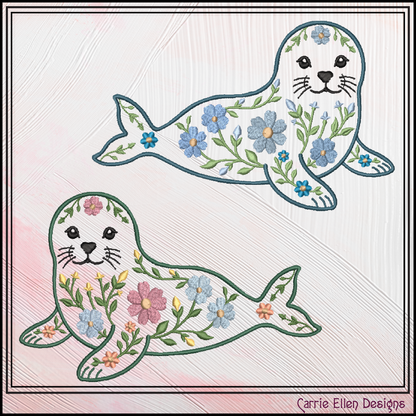Floral Seal Machine Embroidery Design | Botanical Seal Stitch File | Coastal Ocean Animal Embroidery Pattern, 6 Sizes, (4136)