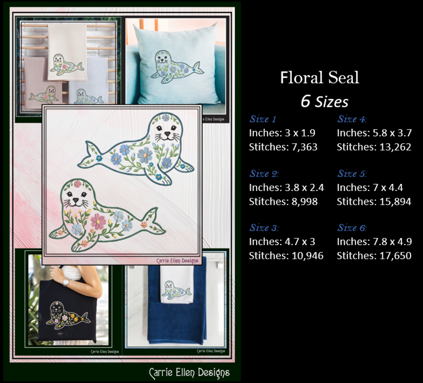 Floral Seal Machine Embroidery Design | Botanical Seal Stitch File | Coastal Ocean Animal Embroidery Pattern, 6 Sizes, (4136)