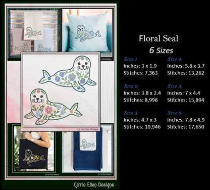 Floral Seal Machine Embroidery Design | Botanical Seal Stitch File | Coastal Ocean Animal Embroidery Pattern, 6 Sizes, (4136)