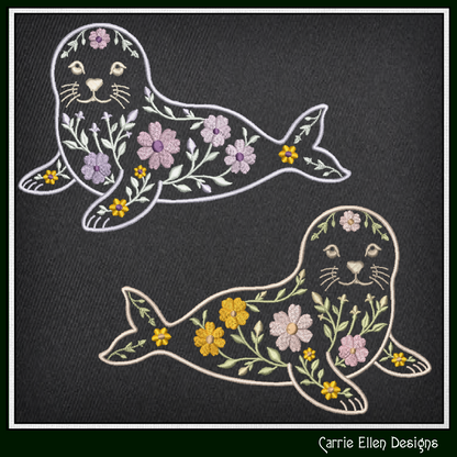 Floral Seal Machine Embroidery Design | Botanical Seal Stitch File | Coastal Ocean Animal Embroidery Pattern, 6 Sizes, (4136)