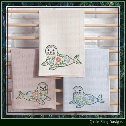 Floral Seal Machine Embroidery Design | Botanical Seal Stitch File | Coastal Ocean Animal Embroidery Pattern, 6 Sizes, (4136)