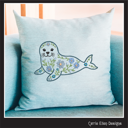 Floral Seal Machine Embroidery Design | Botanical Seal Stitch File | Coastal Ocean Animal Embroidery Pattern, 6 Sizes, (4136)