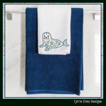 Floral Seal Machine Embroidery Design | Botanical Seal Stitch File | Coastal Ocean Animal Embroidery Pattern, 6 Sizes, (4136)