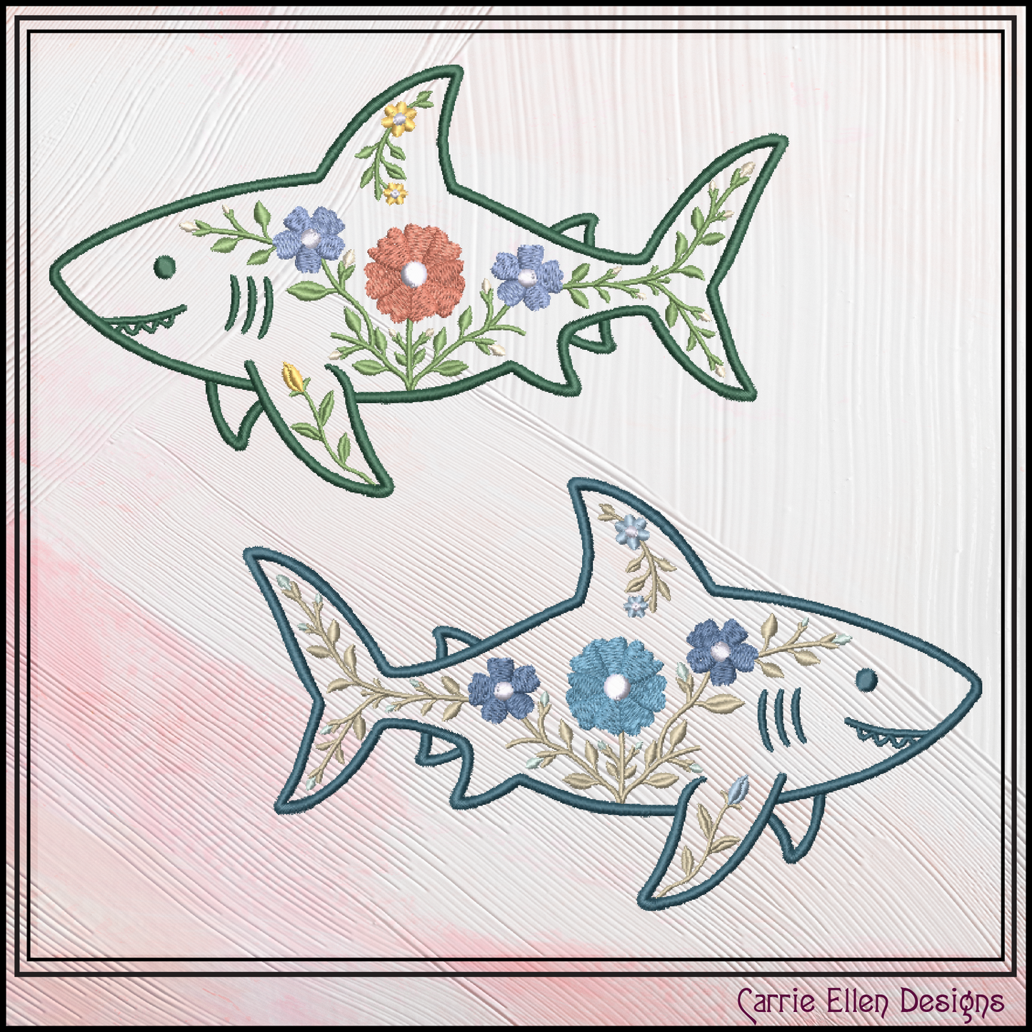 Floral Shark Machine Embroidery Design | Botanical Shark Stitch File | Coastal Ocean Embroidery Pattern, 6 Sizes, (4137)